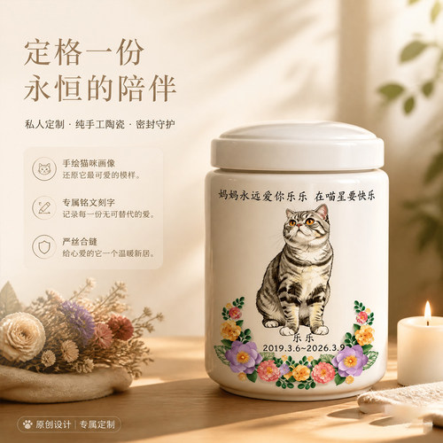 猫咪狗狗灰骨盒定制手绘画像陶瓷罐密封防潮离世纪念收藏盒动物罐