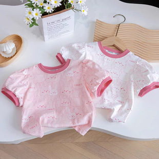 圆领半袖 女童2025新款 T恤洋气百搭卡通印花夏装 小童短袖 上衣 夏季