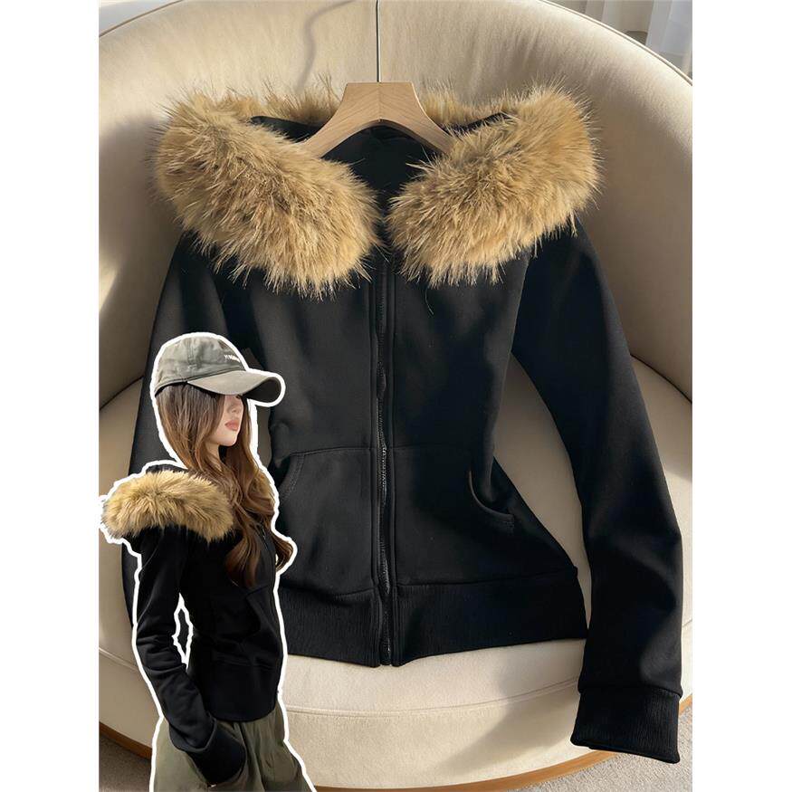 美式黑色毛领连帽卫衣女秋冬季修身收腰韩系加绒加厚短款外套穿搭