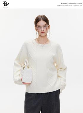BZXO米白色麻花毛衣女秋冬2025新款慵懒感圆领套头加厚针织衫上衣