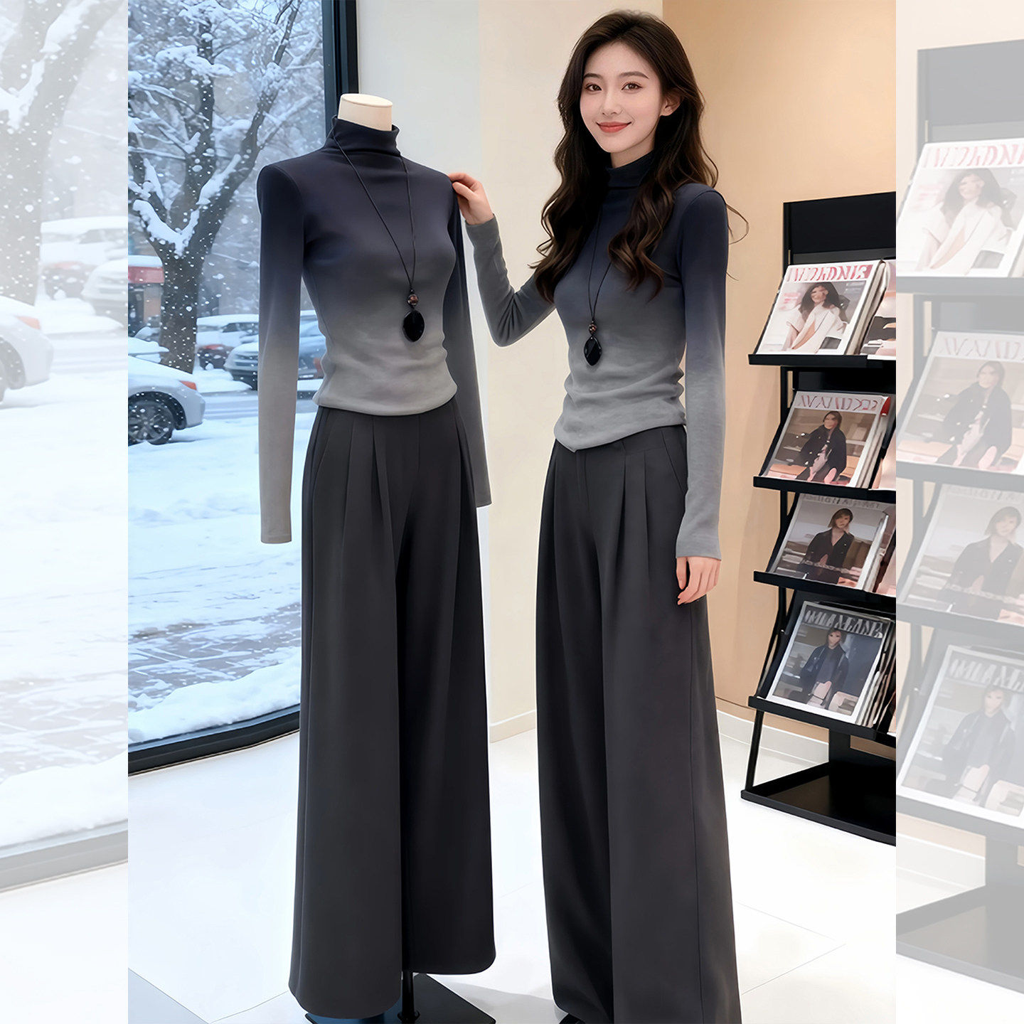 渐变色高领修身针织衫毛衣女款2026新款春季超好看内搭打底衫上衣