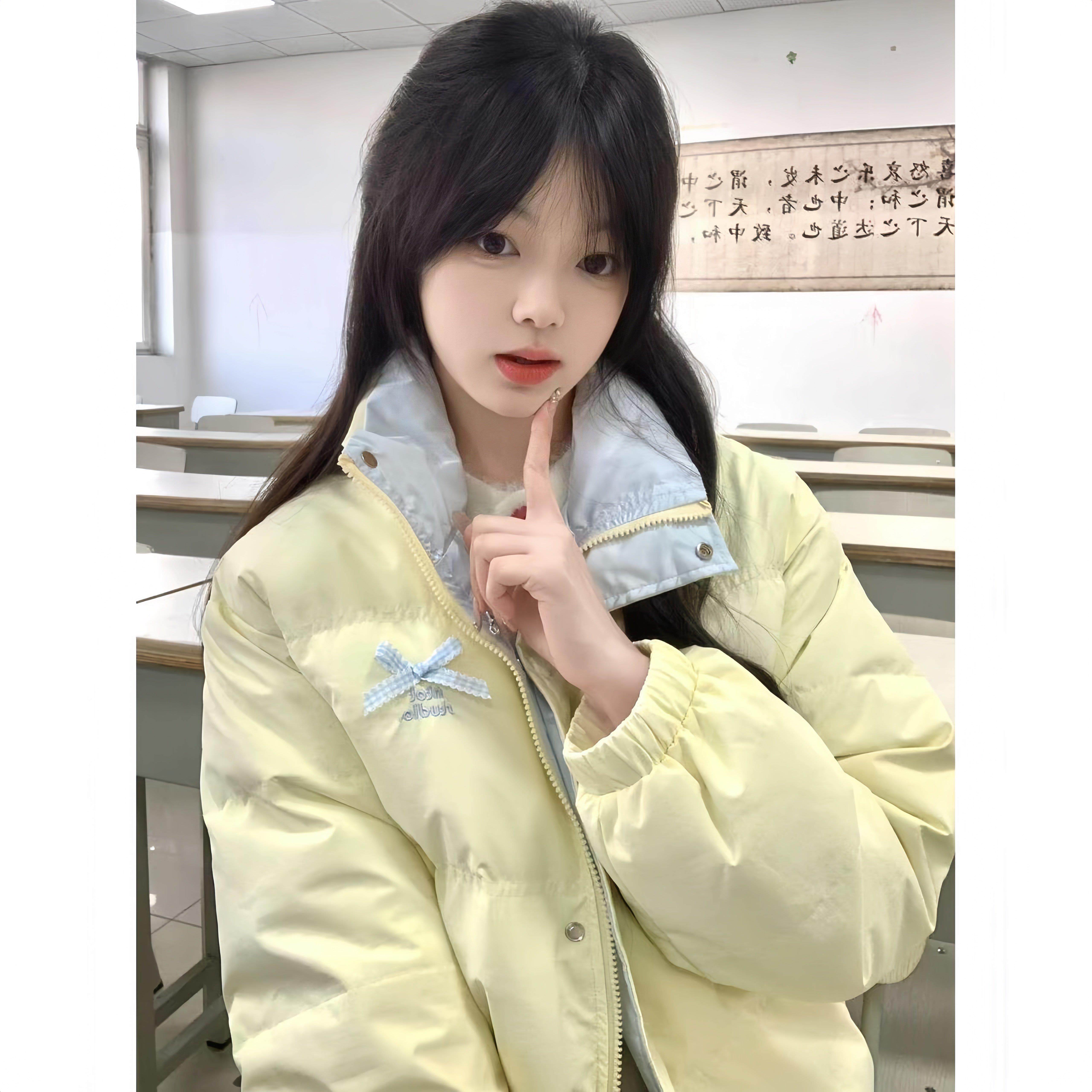 超好看撞色蝴蝶结羽绒棉服女大童冬季初中生高中宽松加厚外套棉袄