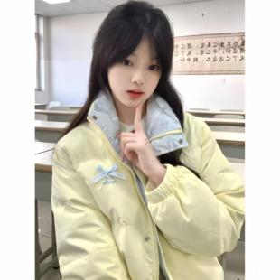 超好看撞色蝴蝶结羽绒棉服女大童冬季初中生高中宽松加厚外套棉袄