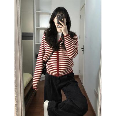 Ankesela红色条纹连帽毛衣夹克妇女春季和秋季新年2025年冬季上衣