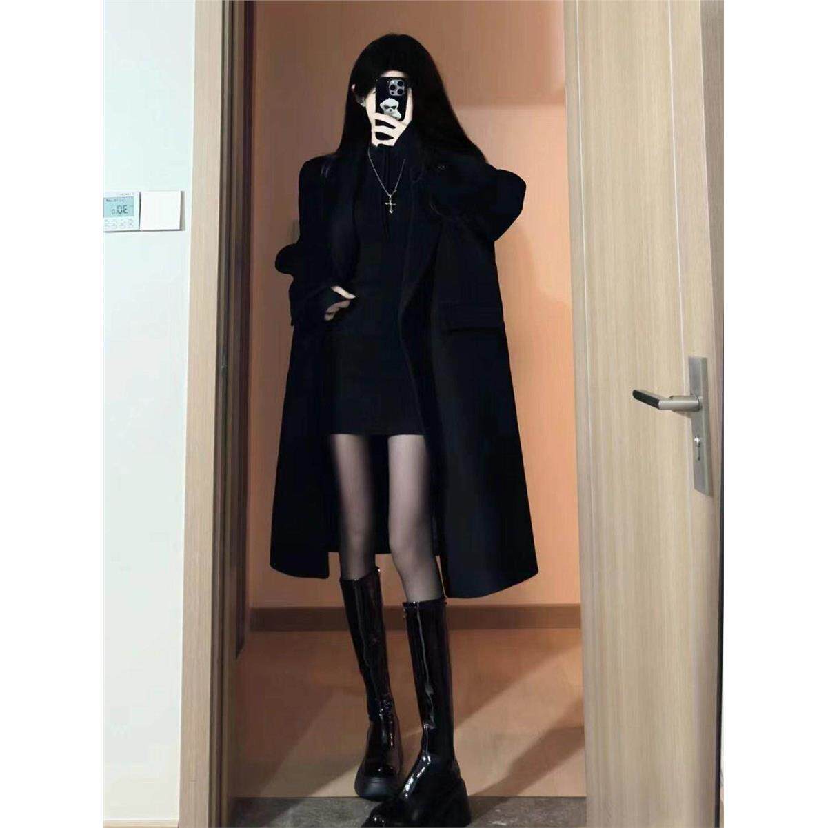 黑色呢子大衣春秋2025新款赫本风韩系小个子气质毛呢外套直筒气质