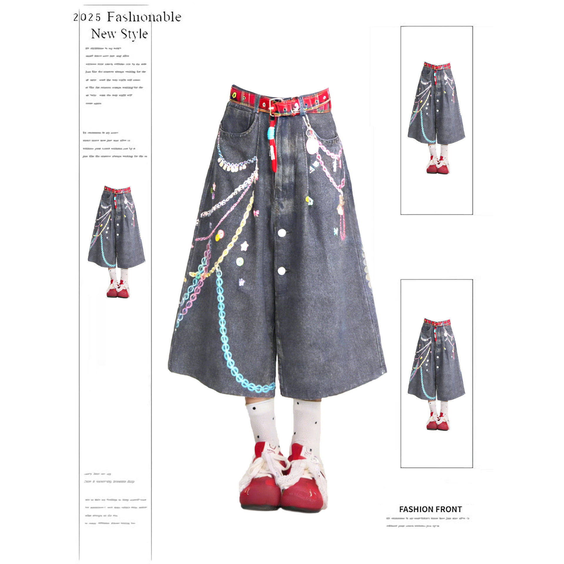 多巴胺彩色链条拼接七分牛仔裤裤子女款2026春季新款宽松阔腿短裤