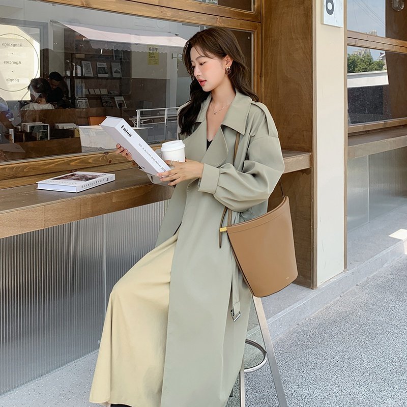 豆沙绿风衣外套女中长款春秋2023新款英伦风流行宽松休闲气质大衣,女装风衣,浙宝202