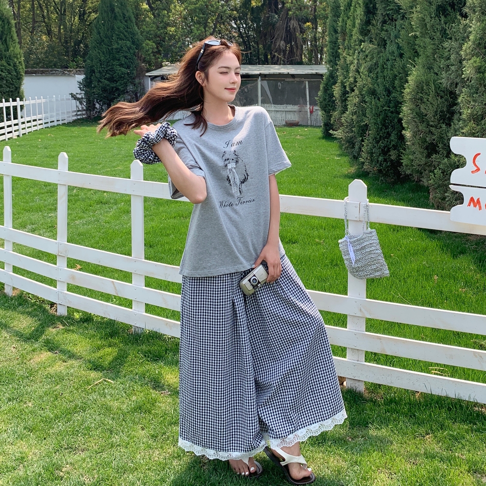 2025初夏穿搭一整套女小个子爆款少女感白色T恤格子休闲裤两件套，商品下架区商品下架区，浙宝202