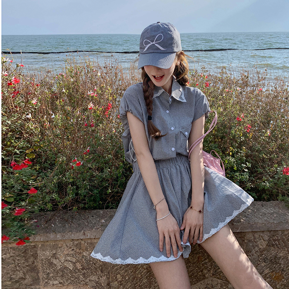 灰色独特漂亮套装裙女小个子2025夏季新款蕾丝花边衬衫裙裤两件套，商品下架区商品下架区，浙宝202