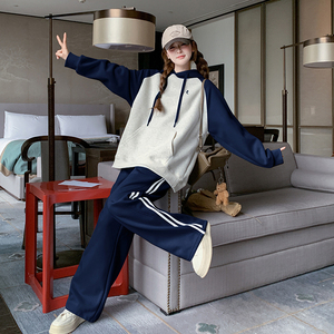 春装现货 撞色拼接卫衣+两条杠裤子套装 202-2528-P185-控289图片