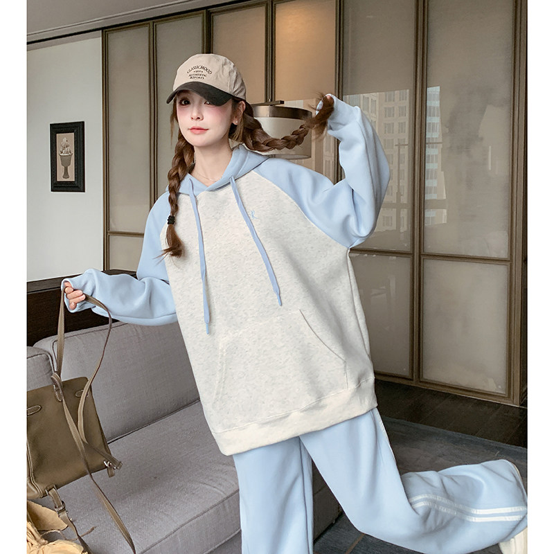 春装现货撞色拼接卫衣+两条杠裤子套装202-2528-P185-控289，女装运动套装，浙宝202