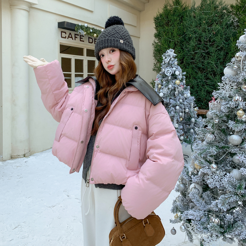 新款冬装可拆卸拼皮翻领短款羽绒服90绒202-5643-P395-K595，女装羽绒服，浙宝202