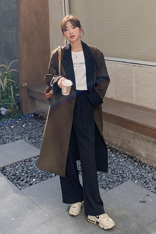 中长款小众拼色风衣外套女春季2025年新款气质韩版宽松时尚大衣潮,女装西装,浙宝202