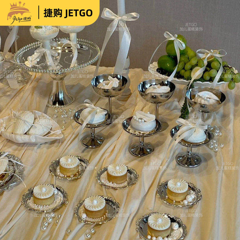 欧式复古银色托盘老钱风不锈钢椭圆器皿下午茶甜品台摆件蛋糕底托