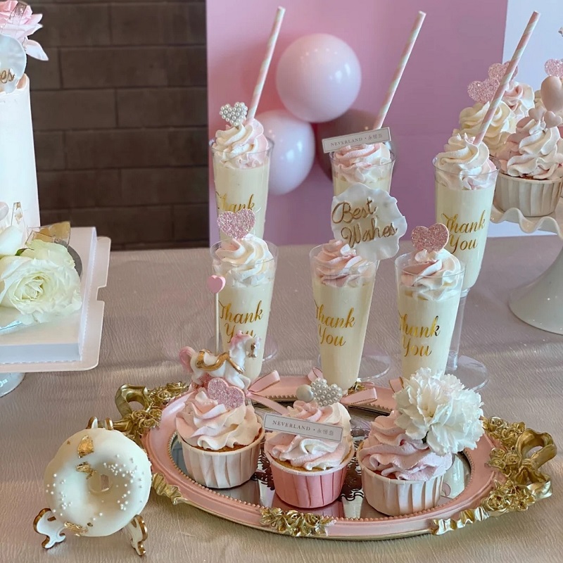 粉色婚礼甜品台装饰慕斯杯贴纸吸管订婚蛋糕摆件纸杯围边结婚插件