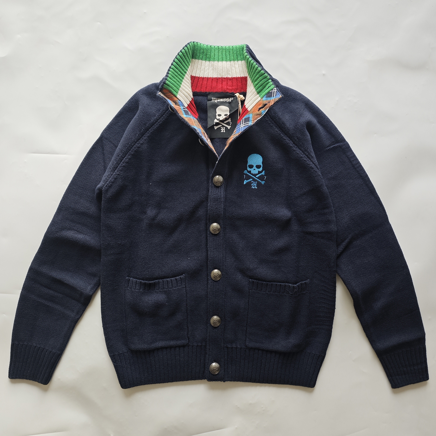 HYDROGEN骷髅刺绣立领开衫毛衣男