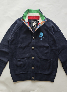 HYDROGEN美式复古立领开衫男骷髅头刺绣保暖针织衫毛衣翻领修身潮