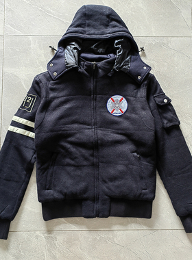 hydrogen男装羊毛混纺拉链毛呢可脱卸帽外套骷颅刺绣潮牌翻领外套