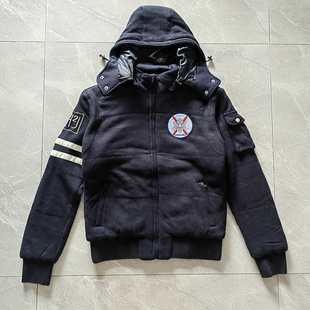 hydrogen男装羊毛混纺拉链毛呢可脱卸帽外套骷颅刺绣潮牌翻领外套