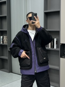 潮牌冬季颗粒绒棉袄ins青年时尚拼接撞色大口袋羊羔毛夹棉外套潮
