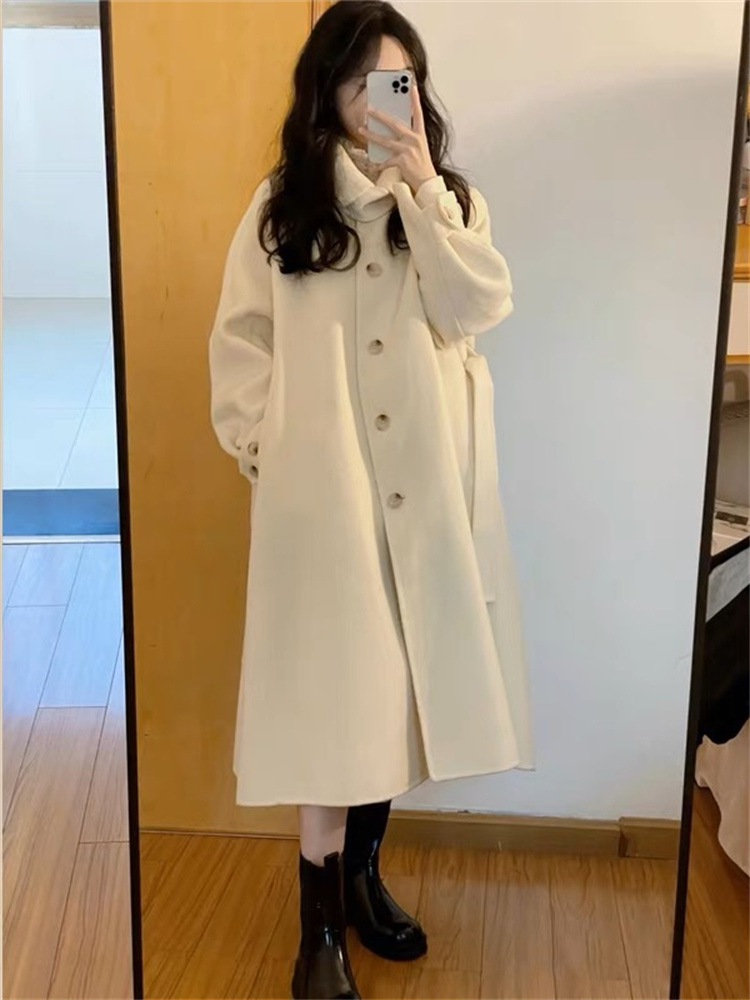 韩系米白色呢子大衣女中长款2025