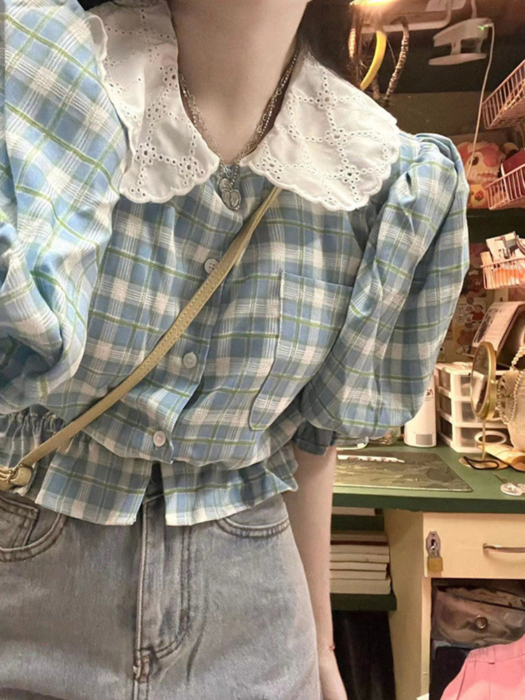 娃娃领格子衬衫女春季法式设计感