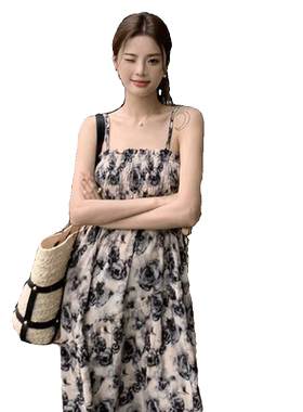 浪漫海边度假碎花吊带连衣裙子女