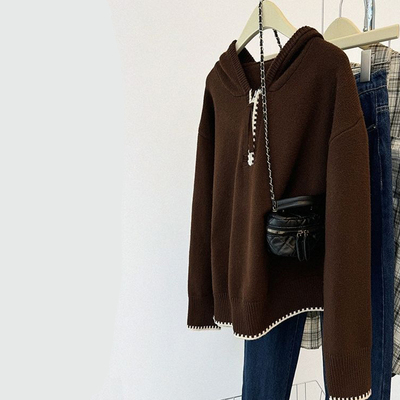 半拉链连帽毛衣女秋冬老钱风穿搭慵懒宽松套头针织衫内搭帽衫上衣