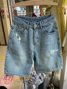 小个子直筒牛仔短裤 女宽松设计感破洞高腰五分裤 新款 2023年夏季 子