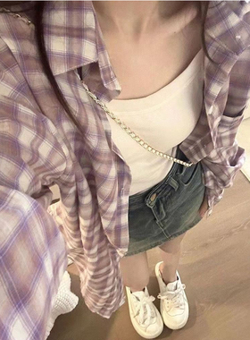 紫色格子衬衫女早春夏2026新款宽松设计感慵懒风衬衣外套法式上衣