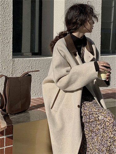 米白色双面羊绒大衣女中长款秋冬