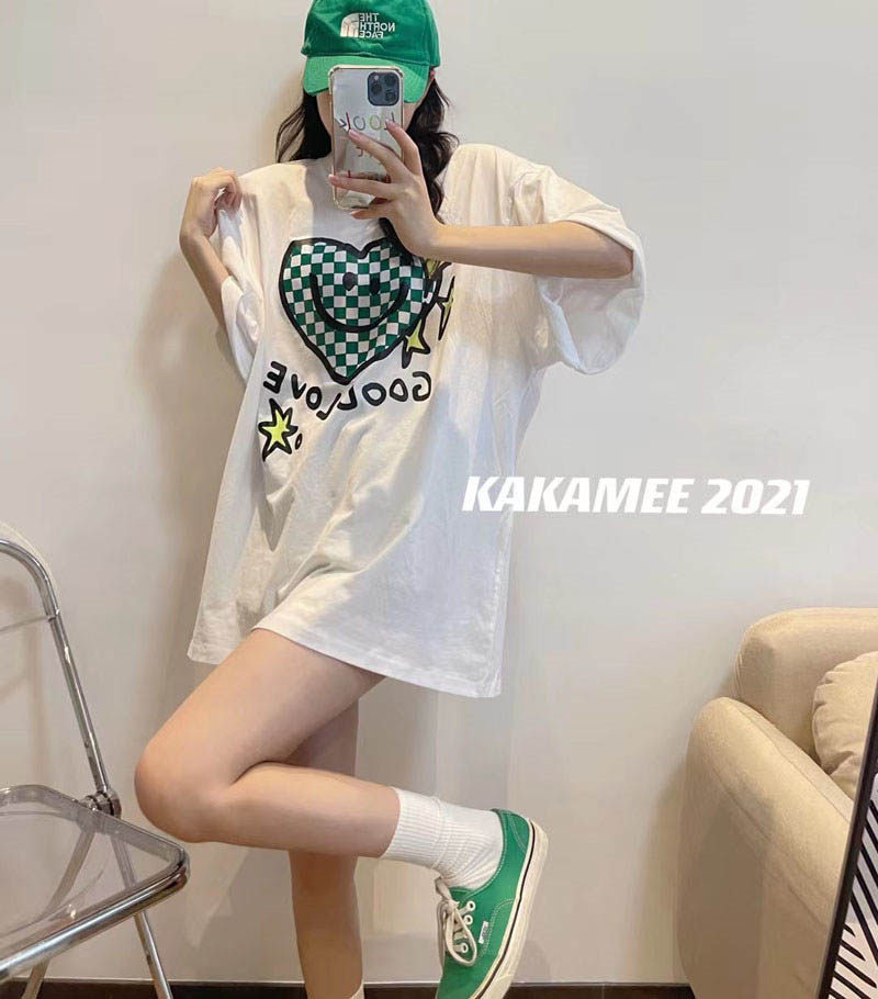 下衣失踪短袖t恤女2026夏季新款韩国宽松字母爱心格子图案上衣潮