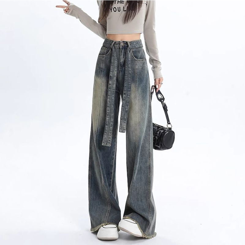 美式复古牛仔裤女2026春秋新款高腰阔腿裤子宽松显瘦设计感直筒裤