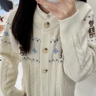 chic 白色圆领软糯针织开衫 费尔岛小熊提花长袖 毛衣女2025秋冬新款