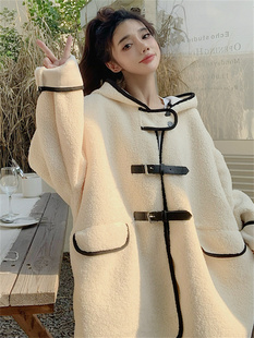 高级设计感拼色皮扣连帽羊羔毛外套女秋冬百搭宽松中长款 毛绒棉衣