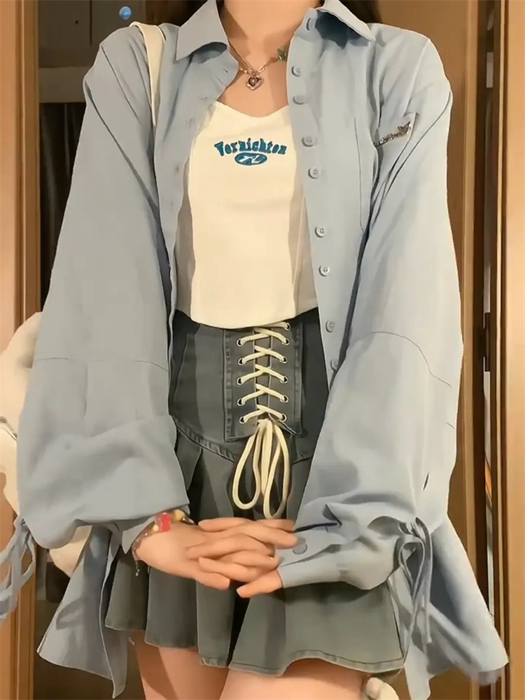 法式蓝色衬衫外套女早初春秋季