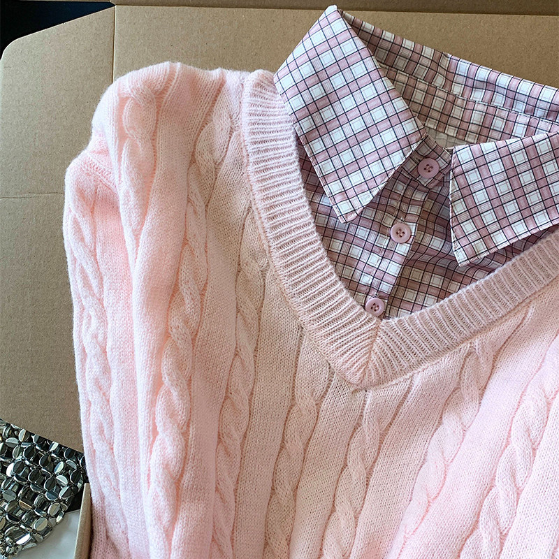 韩系格纹假两件麻花毛衣女春秋新款学院风宽松显瘦短款针织衫上衣,女装/女士精品,常规大码外套,淘宝优惠券,粉丝福利购,淘宝优惠卷