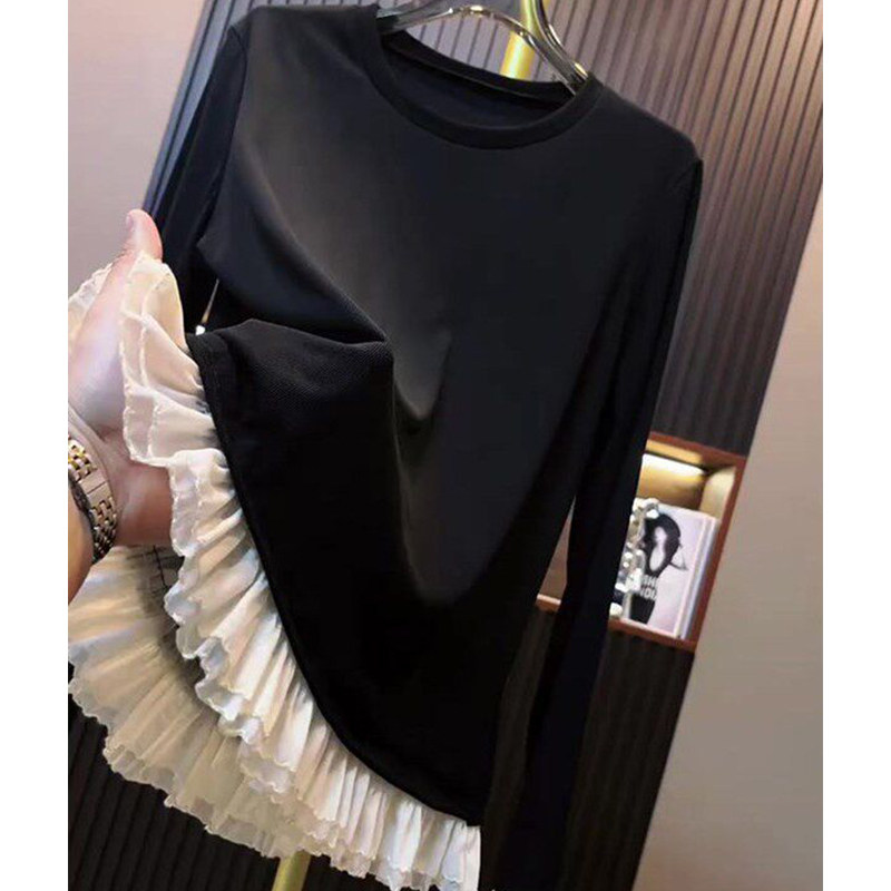 欧货蕾丝花边拼接下摆长袖t恤女春秋内搭可外穿设计感小众打底衫,女装/女士精品,常规大码外套,淘宝优惠券,粉丝福利购,淘宝优惠卷