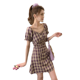 法式短袖格子连衣裙女2026夏季新款收腰显瘦超仙女森系气质连衣裙