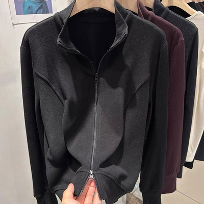 德绒立领双头拉链长袖T恤女秋冬卫衣纯色口袋休闲露手指开衫上衣