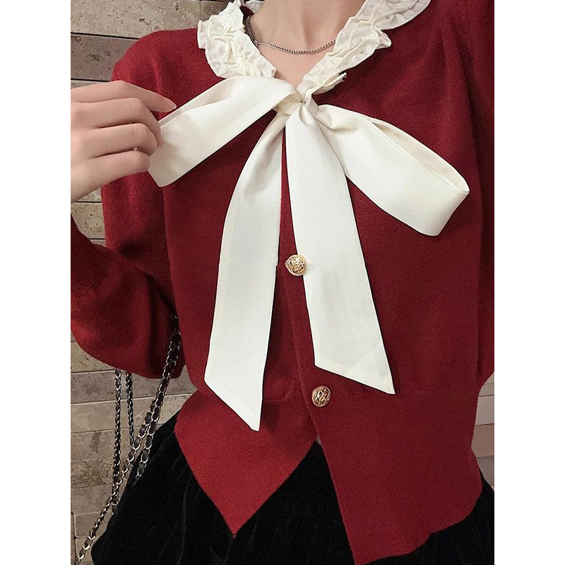 法式新年穿搭蝴蝶结红色开衫毛衣女秋冬2026年春秋新款高级感上衣,女装/女士精品,大码内搭,淘宝优惠券,粉丝福利购,淘宝优惠卷