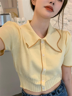 独特法式 设计感小众娃娃领针织衫 T恤女春夏季 上衣服 短袖 别致短款