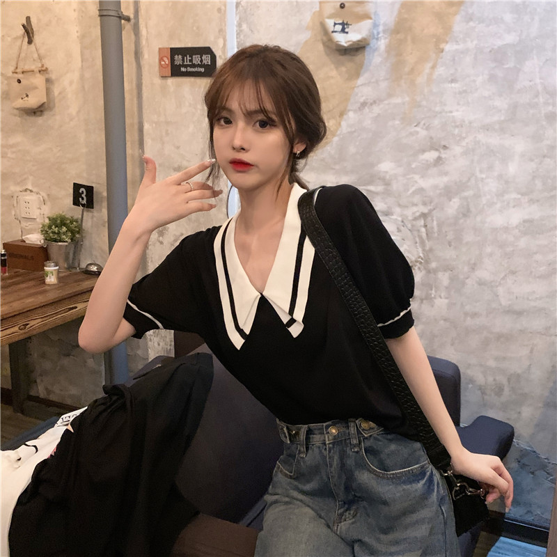 法式复古撞色娃娃领上衣夏季2023新款女装洋气设计感针织短袖T恤