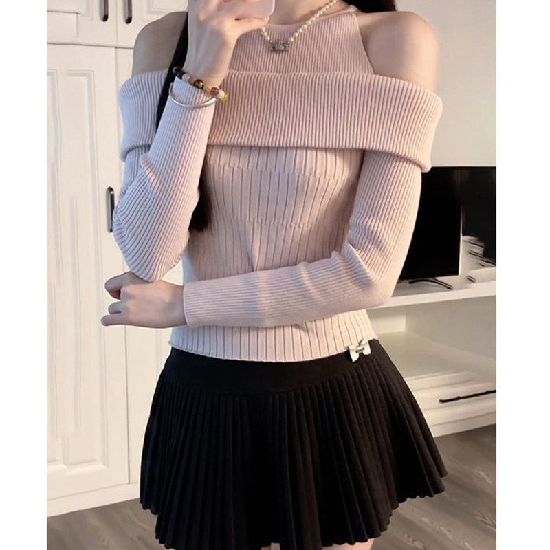 韩系甜辣粉色假两件一字肩针织衫女春秋内搭打底温柔软糯露肩毛衣,女装/女士精品,大码内搭,淘宝优惠券,粉丝福利购,淘宝优惠卷