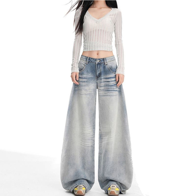 美式低腰阔腿牛仔裤女秋冬新款梨形宽松显瘦设计感百搭加绒弯刀裤