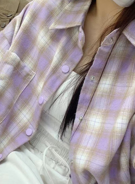 紫色格子衬衫外套女2026新款春夏季防晒叠穿衬衣美式复古长袖上衣