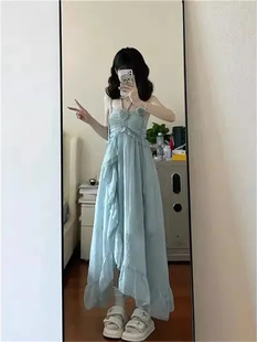 连衣裙子女夏季 薄荷绿挂脖无袖 小众设计感荷叶边海边度假吊带长裙