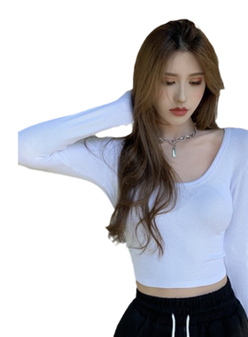 ins超火辣妹长袖T恤女2026春秋韩版高腰短款修身露脐港味chic上衣