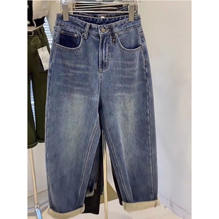 胖mm高腰加绒加厚显瘦小个子萝卜哈伦裤 老爹牛仔裤 大码 新款 女冬季