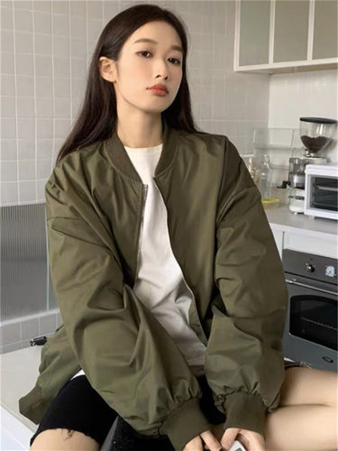 军绿色复古工装棒球服外套女春秋